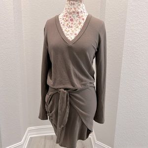 Monrow Supersoft Long Sleeve V Dress in Olive Green